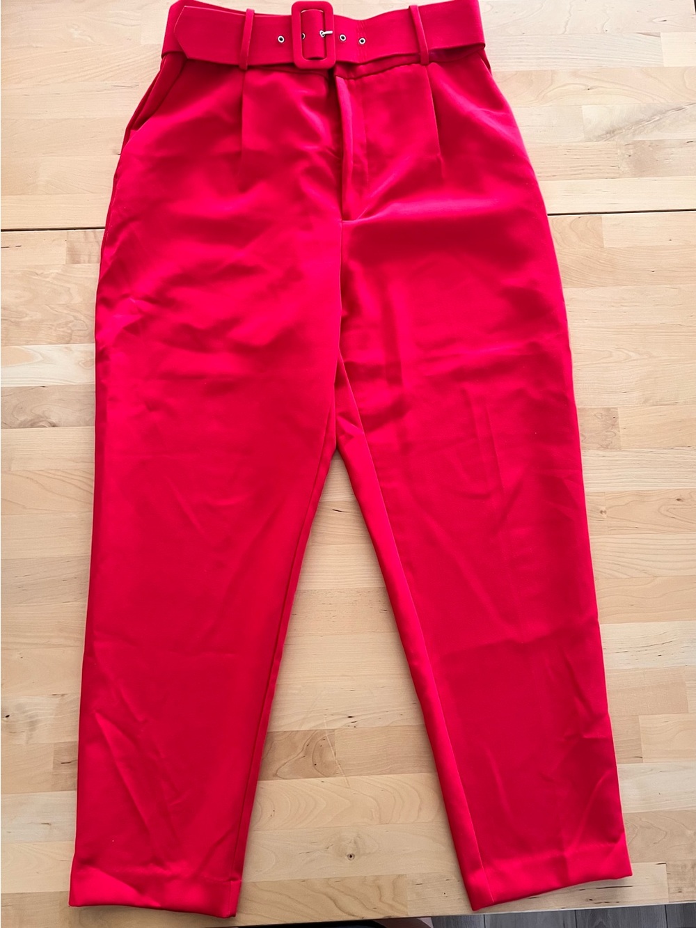 Zara Vibrant Red High-Waist Belted Chinos
